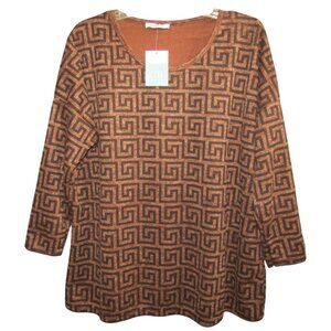 Greek Key Italian Tunic Top Size L Brown Black Made in Italy Coastal Bloom New